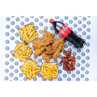 8-piece fried chicken with 6 BBQ wings, 2 large fries & 1.25L soda
