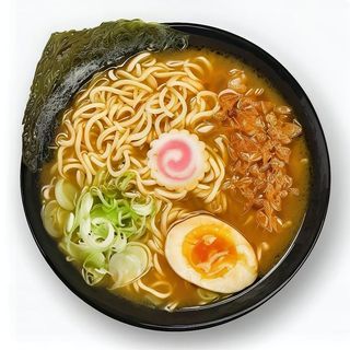Ramen curry de cerdo, manzana, naruto, huevo ramen, nori y cebolleta
