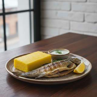 Păstrăv la grătar cu mămăliguță și mujdei de usturoi