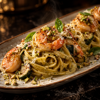 Tagliatelle con Gambas y Pistacho