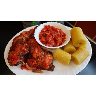 Royal Special Boiled Plantain And Chicken Sauce.