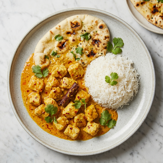 Butter chicken + naan + rice + soda