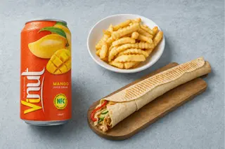 Rollo kebab tortilla, Napój o smaku mango, frytki