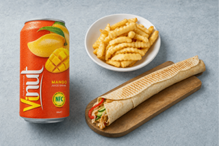 Rollo kebab tortilla, Napój o smaku mango, frytki