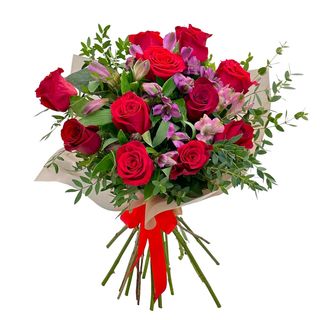 Trandafiri rosii si alstroemeria mov in buchet