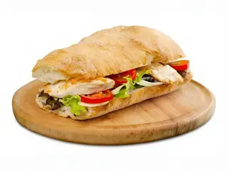 Bocadillo de pechuga de pollo Con lechuga, tomate y mahonesa.