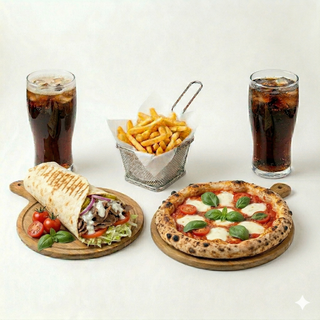 Menú 1 durum + 1 pizza (mediana) + patatas + 2 bebidas (330 ml.)