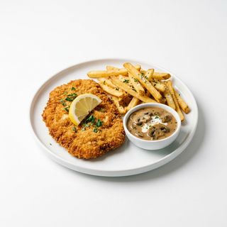 Виенски шницел с гъбен сос и пържени картофи