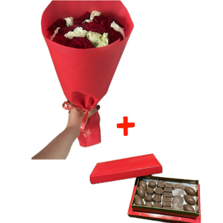 Bouquet moyen avec petite boîte bonbon chocolat belge 