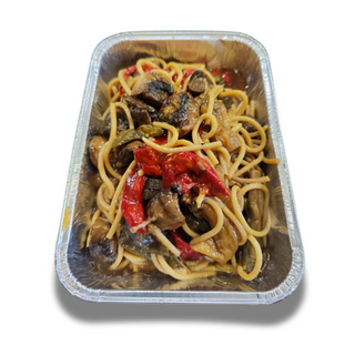 Espaguetis con Pollo y Verduras con salsa Teriyaki