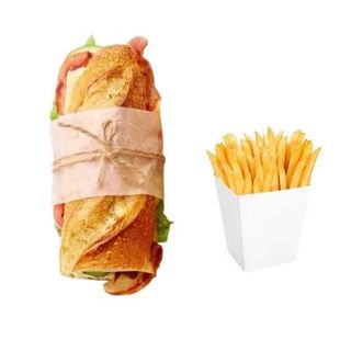 Baguette Hamburguesa, Huevo, Lechuga, Tomate Cebolla + patatas + bebid