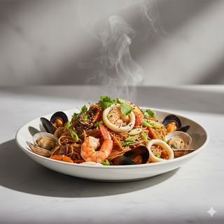 Spaghetti di riso con frutti di mare