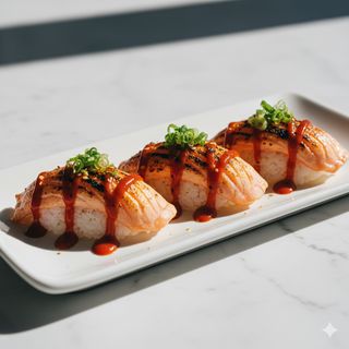 Nigiri aburi salmone e salsa spicy scottato