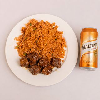 4 portions of Jollof rice, 5 beef/assorted and 1 malt, 1 pack