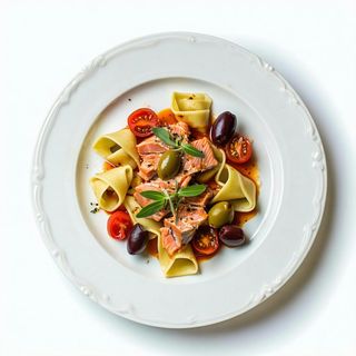 Paccheri tonno, olive taggiasche e pomodorini