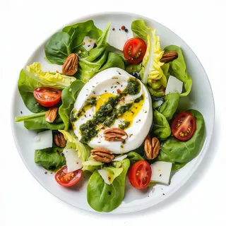 Ensalada de burrata, tomate seco, rúcula y pesto