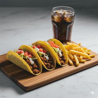 Tacos de carne picada con bebida y patatas fritas