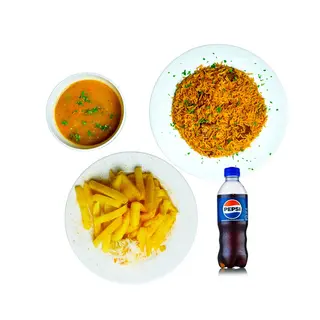 Pilau (L)+ Gravy+ Chips (R) + soda