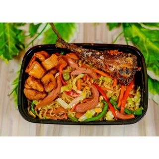 Stir fried indomie veggies + Sausages + Croaker fish