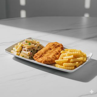 Pasta prosciutto e panna, cotoletta e patatine