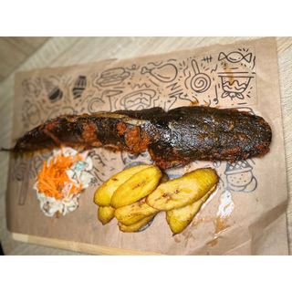 Grilled catfish with plantain or fries and coleslaw