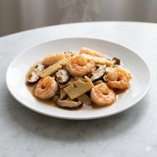 75.Gamberi con bambù funghi