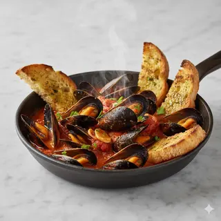 Spadellata di cozze rosse con crostini croccanti