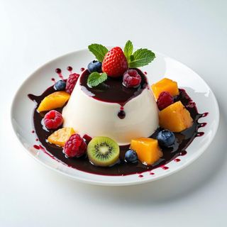 Panna cotta con salsa di cioccolato e frutta di stagione