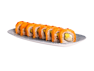 Uramaki z krewetkami w tempurze i opalanym łososiem spicy mango