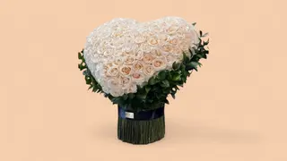 300 თეთრი ჰოლანდიური ვარდის უნიკალური გულის ფორმის კომპოზიცია