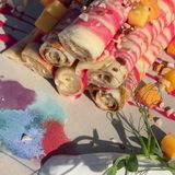 Crepes with pink condensed milk and seasonal fruits