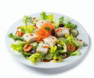 Ensaladilla de merluza y coral de mariscos