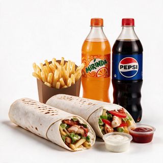 2 Kebab de pui mare + 1 Cartofi pai + 2 Băuturi la alegere
