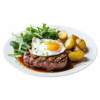 Bistec, Patatas, Ensalada Y Huevo