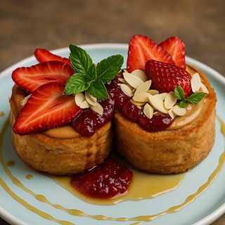 Burro di arachidi, marmellata ai lamponi, fragole e scaglie di mandorla