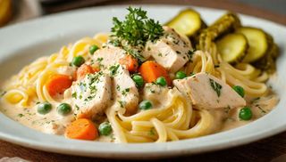 Makaron-250g. z potrawką z kurczaka-150g., surówka, zupa