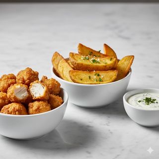 Pop Corn De Pollo, Patatas Y Salsa Blanca