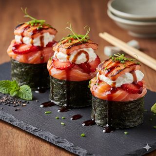 Gunkan salmone scottato, philadelphia, fragola e teriyaki