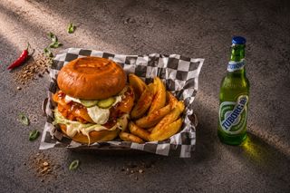 Katsu Chicken Burger с пържени картофки + Tuborg 0.500ml