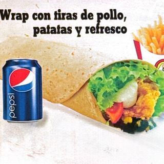 Wrap de tiras de pollo + salsa kebab + patatas fritas + refresco