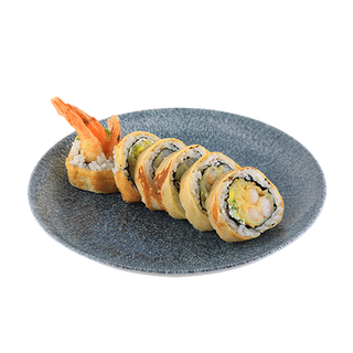 Uramaki sześć krewetek w tempurze zawinięte w omlet