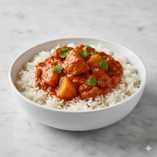 Plato De Pollo Con Patata Guisada Picante Con Arroz