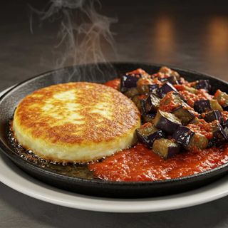 Saganaki cu vinete saute cu sos de roşii, crumble de feta