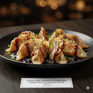 Гьоза с пиле и зеленчуци в унаги сос и два вида сусам