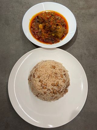Rice And Beans, Ayoka Sauce And Beef