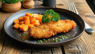 Şnitel vienez cu garnitura de cartofi dulci