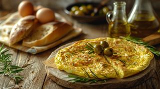 Omelette 4 oeufs, olives, huile d'olive, pain