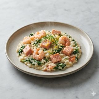 Risotto spinaci salmone e gamberetti