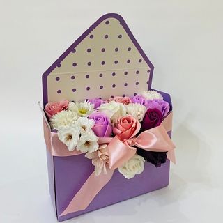 Cutie plic mov, 17flori sapun PASTEL mov &roz, panglica roz