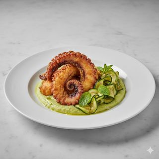 Tentacoli di polpo fritto con scapece di zucchine su purea di fave